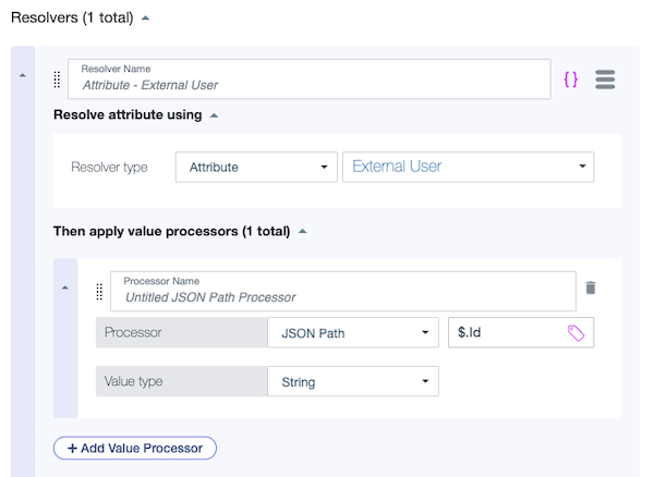 Screen capture showing the parent attribute resolver and JSON path processor for the Id attribute.