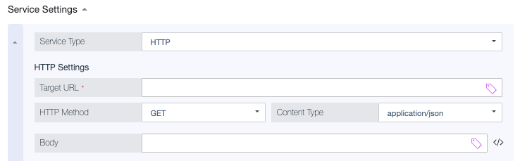 Screen capture showing the Service Type, URL, HTTP Method, Body, and Authentication HTTP service settings.