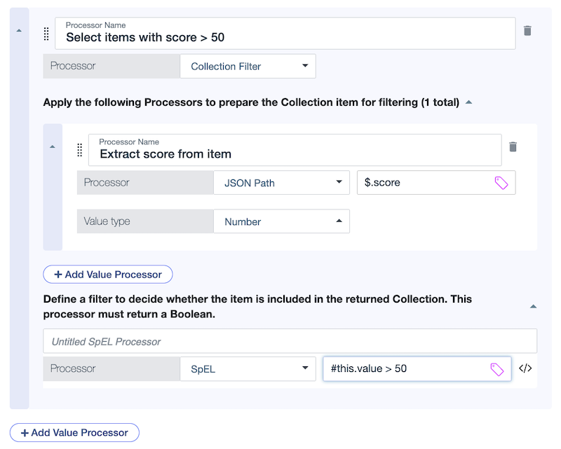Screen capture of a collection filter to select items with a score greater than 50.
