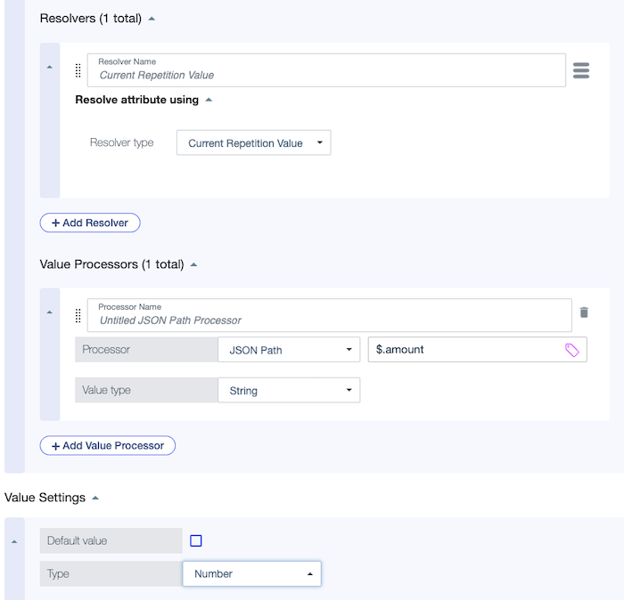 Screen capture showing the Resolver type set to Current Repetition Value and a Value Processor with a JSON Path processor expression that gets the transaction amount.