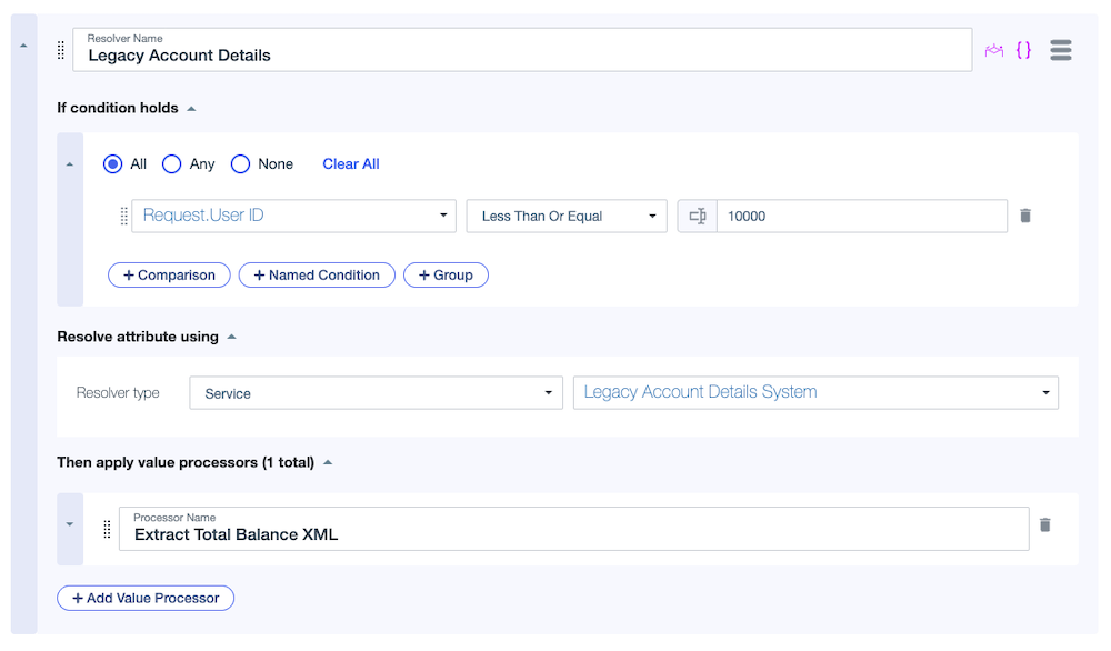 Screen capture of the Legacy Account Details resolver with a condition comparing the Request.User ID attribute to 10000, a Service resolver type calling to the Legacy Account Details System, and a final value processor.