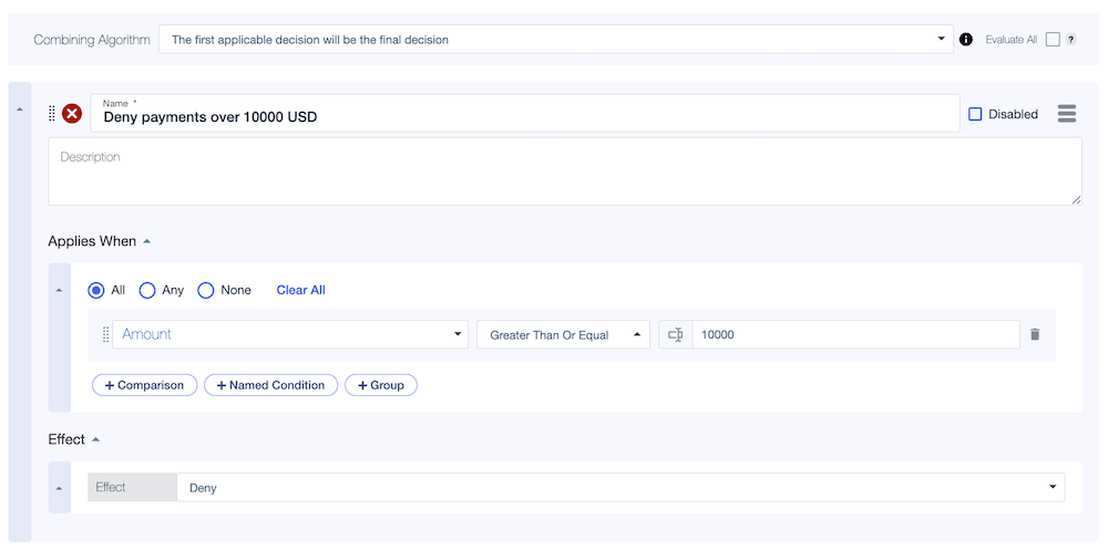 Screen capture of the Deny payments over 10000 USD rule showing the comparison to determine if the payment amount is over 10000.