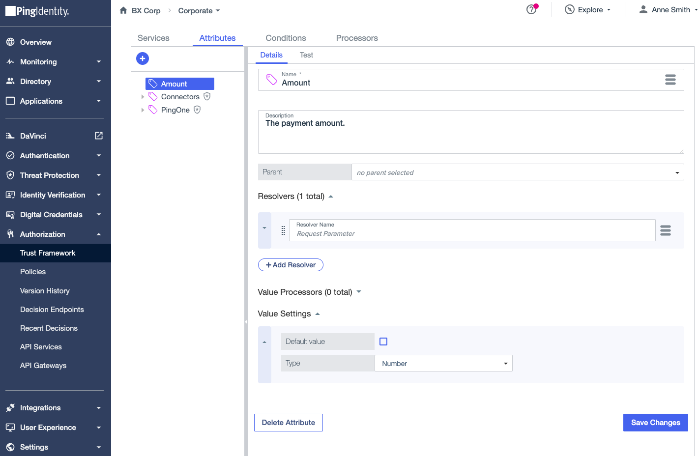 Screen capture showing the Attributes tab in the Trust Framework.