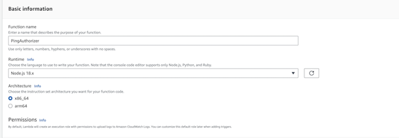 Screen capture of the Lambda runtime settings configured with Node.js 18.x selected as the Runtime, aws-lambda-authorizer file path entered as the handler, and x86_64 selected as the architecture