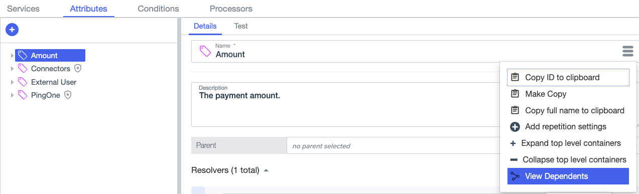 Screen capture showing the view dependents option in the hamburger menu.