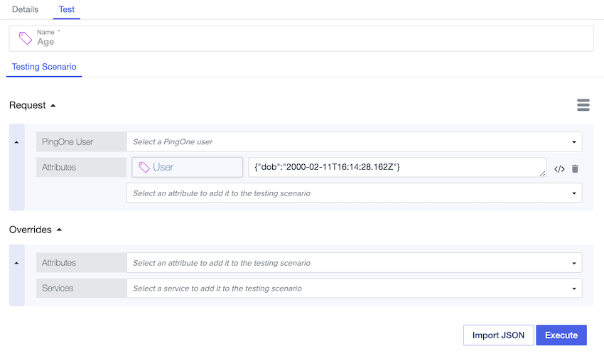 Screen capture of an Age attribute testing scenario with an example JSON User object with a birthday of February 11, 2000