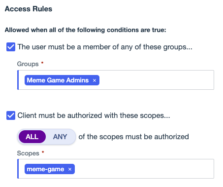 Screen capture showing the groups and scopes basic access rules.