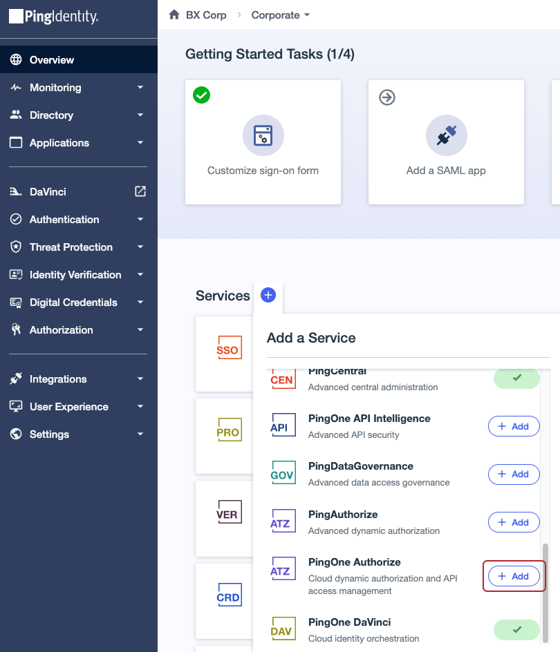 Screen capture showing PingOne Authorize in the Add a Service list.
