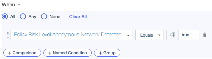 Screen capture showing a condition comparing an Anonymous Network Detected attribute to a constant value of true using the Equals comparator.