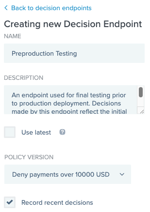 Screen capture of the Creating New Decision Endpoint window.