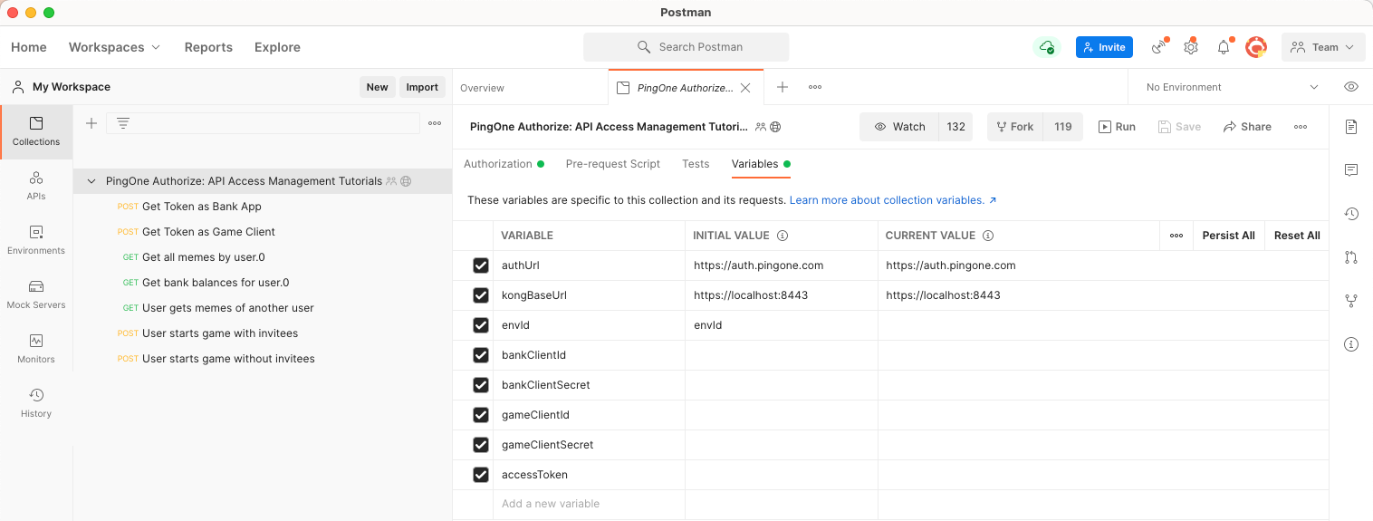 Screen capture of the PingOne Authorize: API Access Management Tutorials collection in Postman showing the Variables tab.