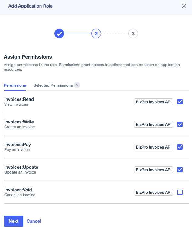 Screen capture showing selected permission checkboxes in the Assign Permissions window.