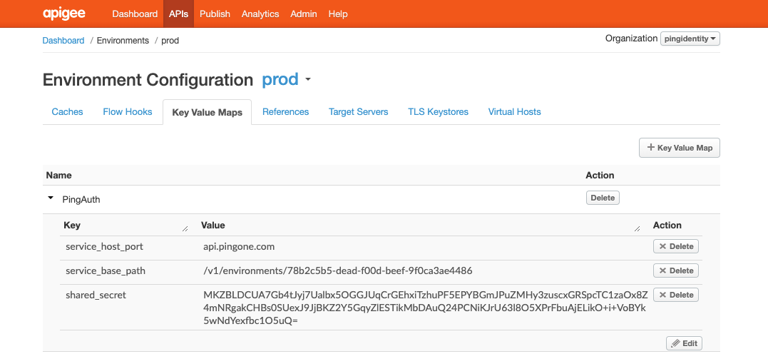 Screen capture of the Key Value Maps tab in Apigee Edge environment configuration.