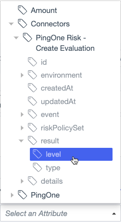 Screen capture showing the grayed-out result and level properties nested under an automatically generated Risk attribute.