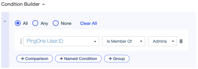 Screen capture showing a condition comparing a User ID attribute to a constant value of Admins using the Is Member Of comparator.