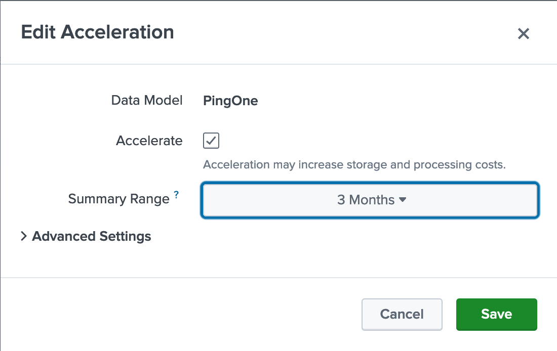 A screen capture of the Splunk Edit Acceleration window with the Accelerate check box selected and the Summary Range set to 3 Months.