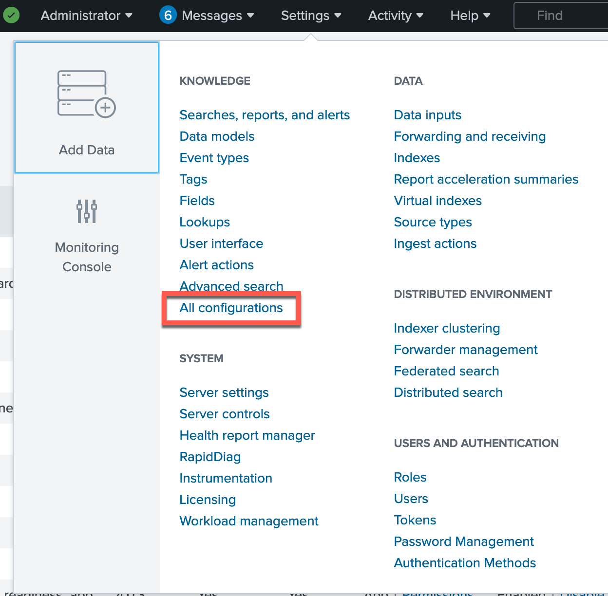 A screen capture of the Splunk Settings menu with a red box around All configurations.