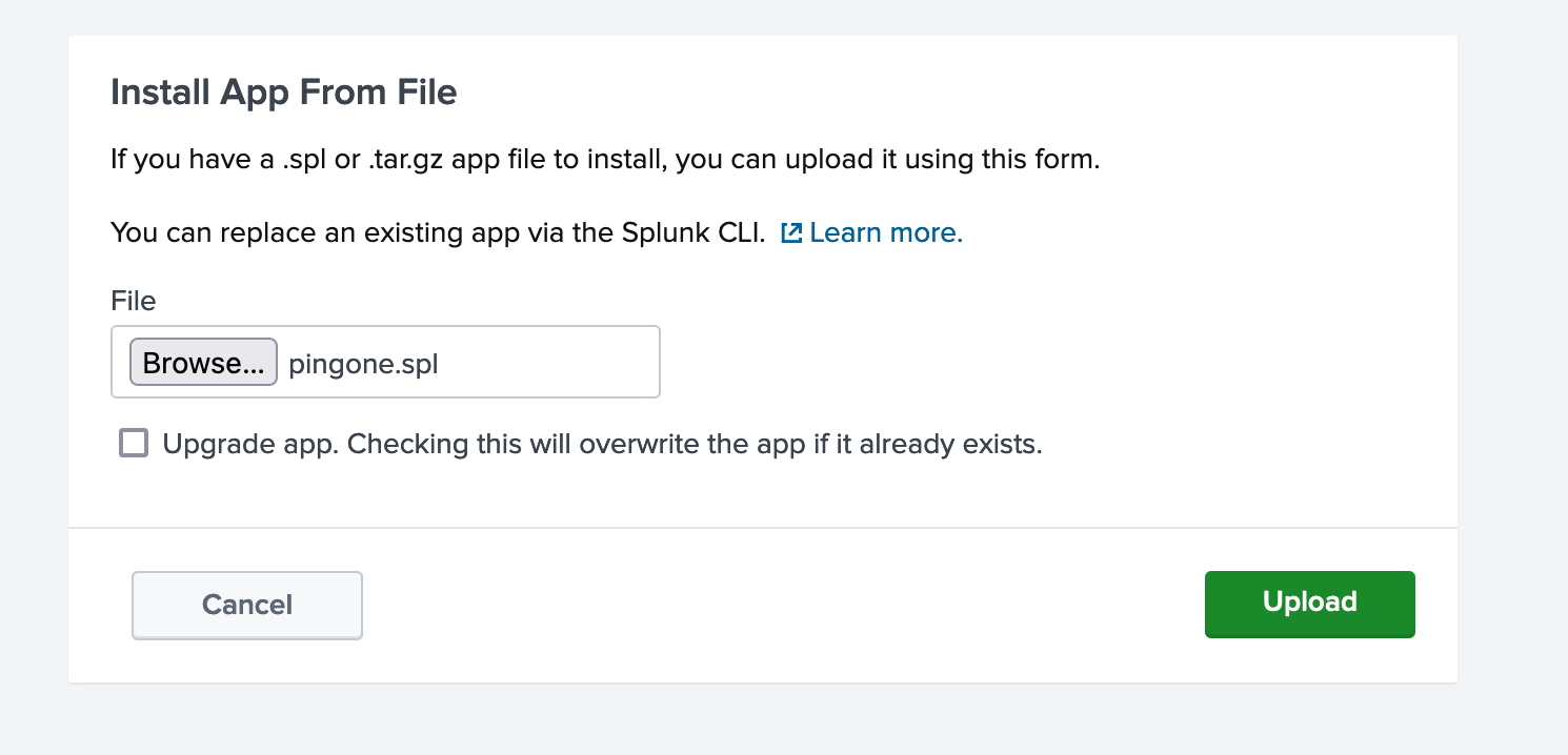 A screen capture of the Install App From File page in Splunk.