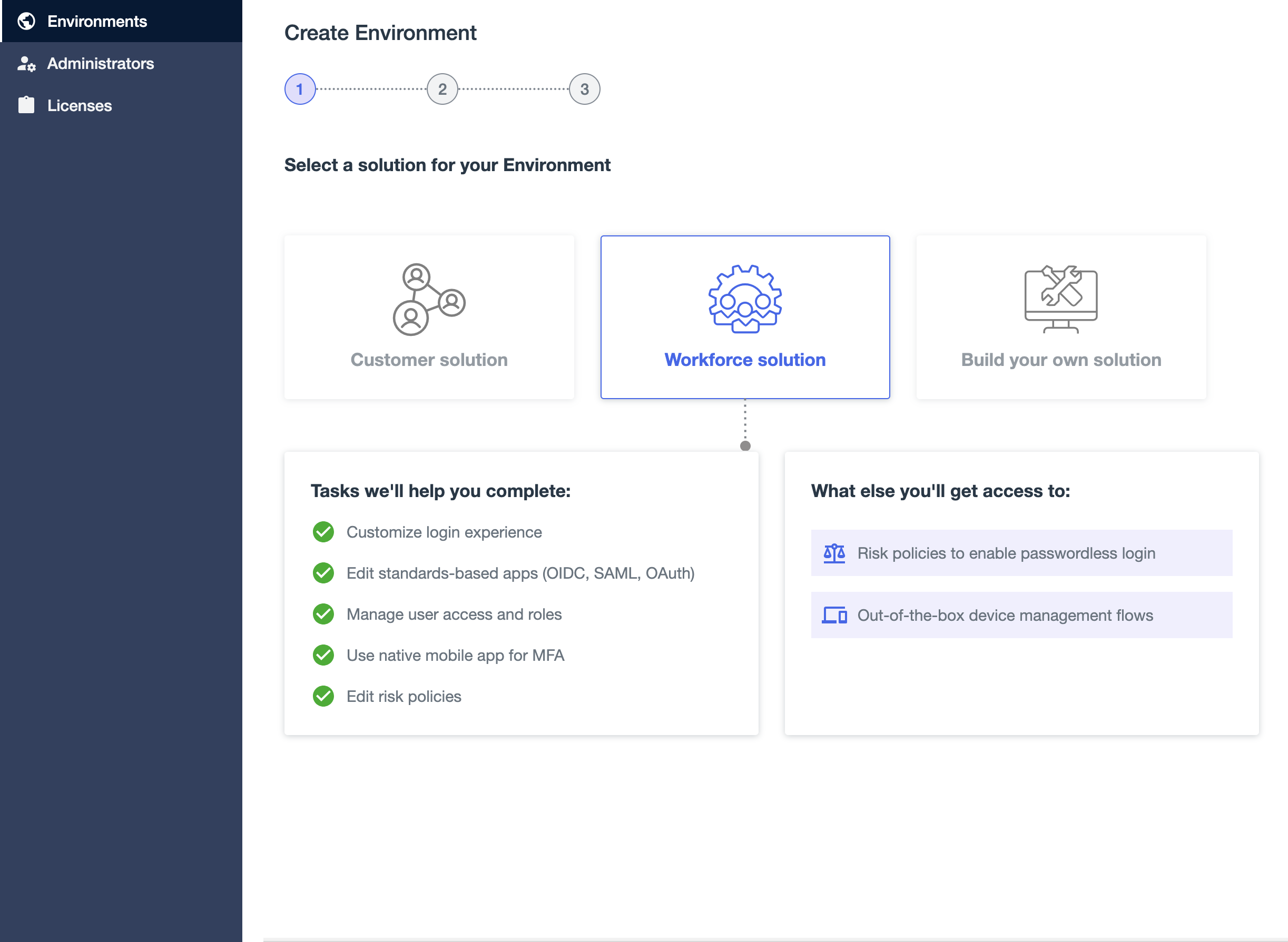 A screen capture of the Create Environment page with Workforce solution selected.