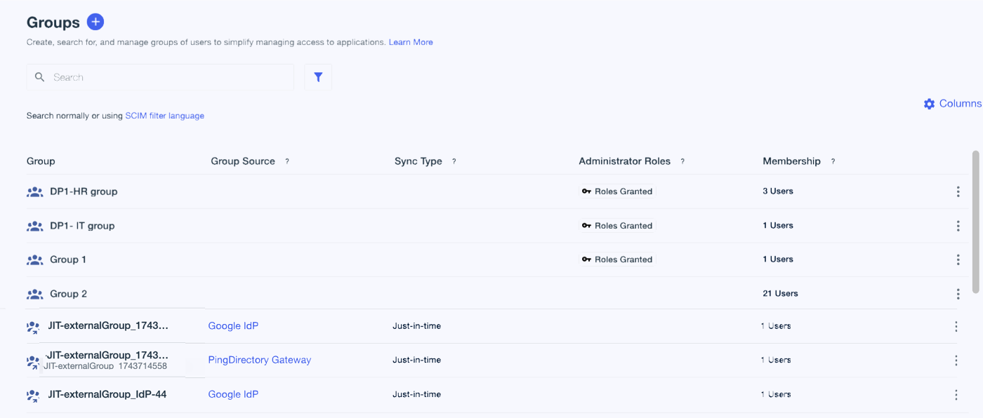 Screenshot of the Groups page showing all of the columns