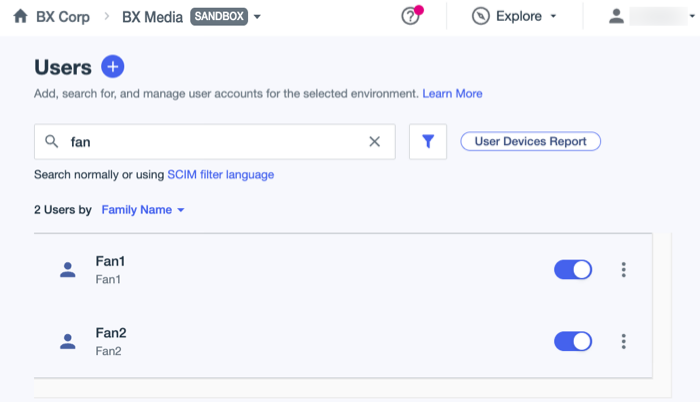 A screen capture showing Fan1 and Fan2 users in the Users list for the BX Media environment.