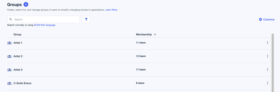 A screen capture showing the C-Suite Execs group in the Groups list for the BX Media environment.