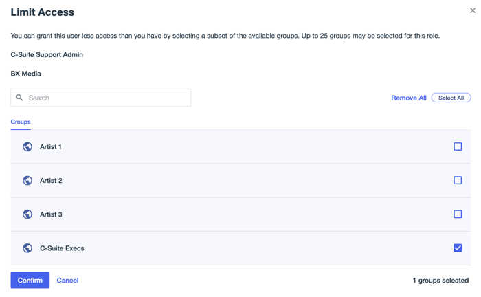 A screen capture of the Limit Access modal showing the available groups the Advanced Help Desk Admin role can be scoped over. The C-Suite Execs group checkbox is selected.