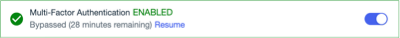 A screencapture of the Multi-Factor Authentication section showing the bypass time remaining and Resume link.