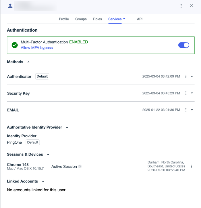 A screen capture of the Services > Authentication tab for a user.