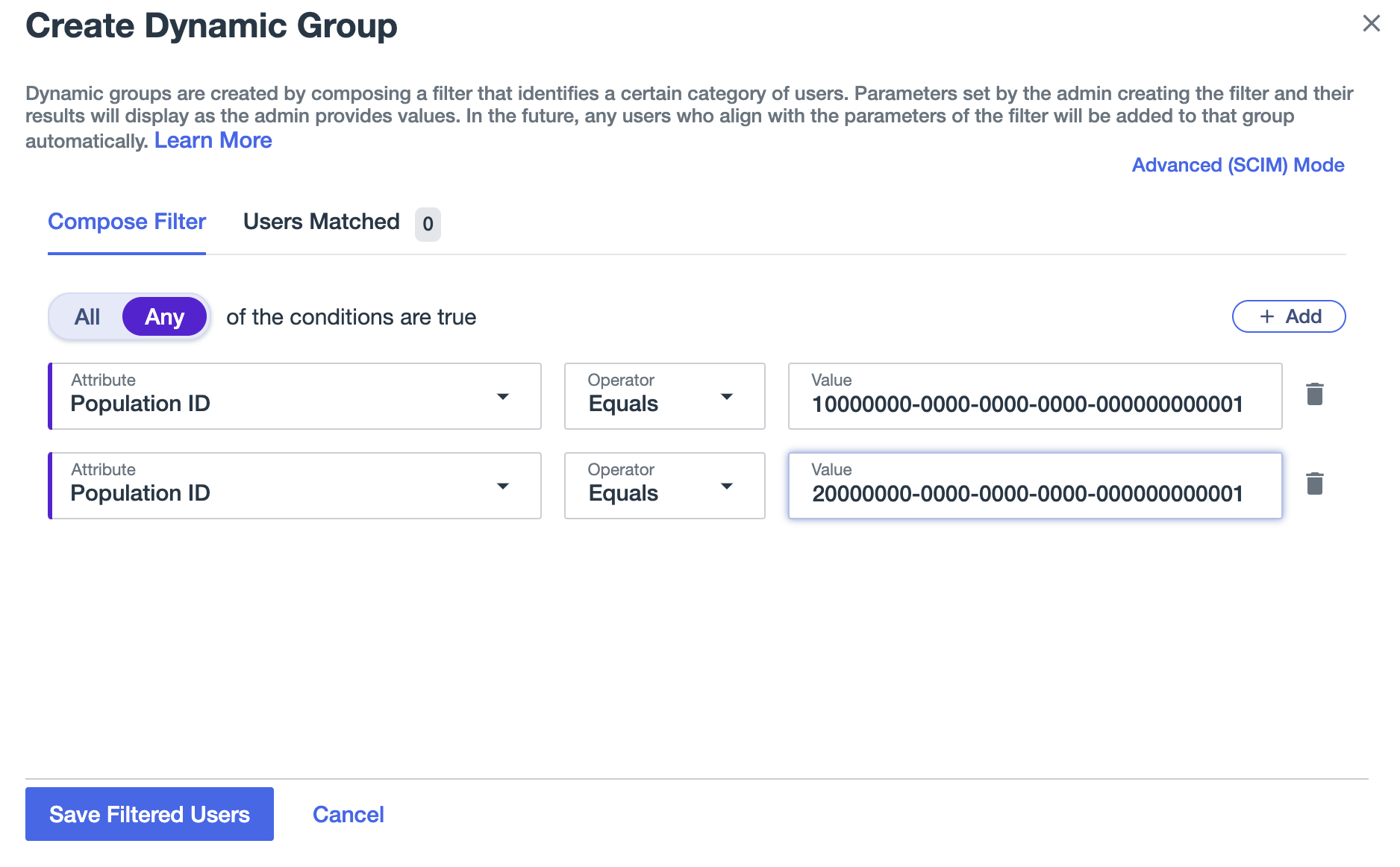 Screen capture of the Create Dynamic Group page showing a filter Any with the Attribute Population ID.