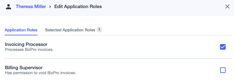 Screen capture of Edit Application Roles showing checkboxes for the Invoicing Processor and Billing Supervisor roles.