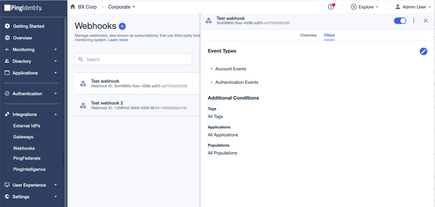 Screenshot of the p1-webhooks-filters page