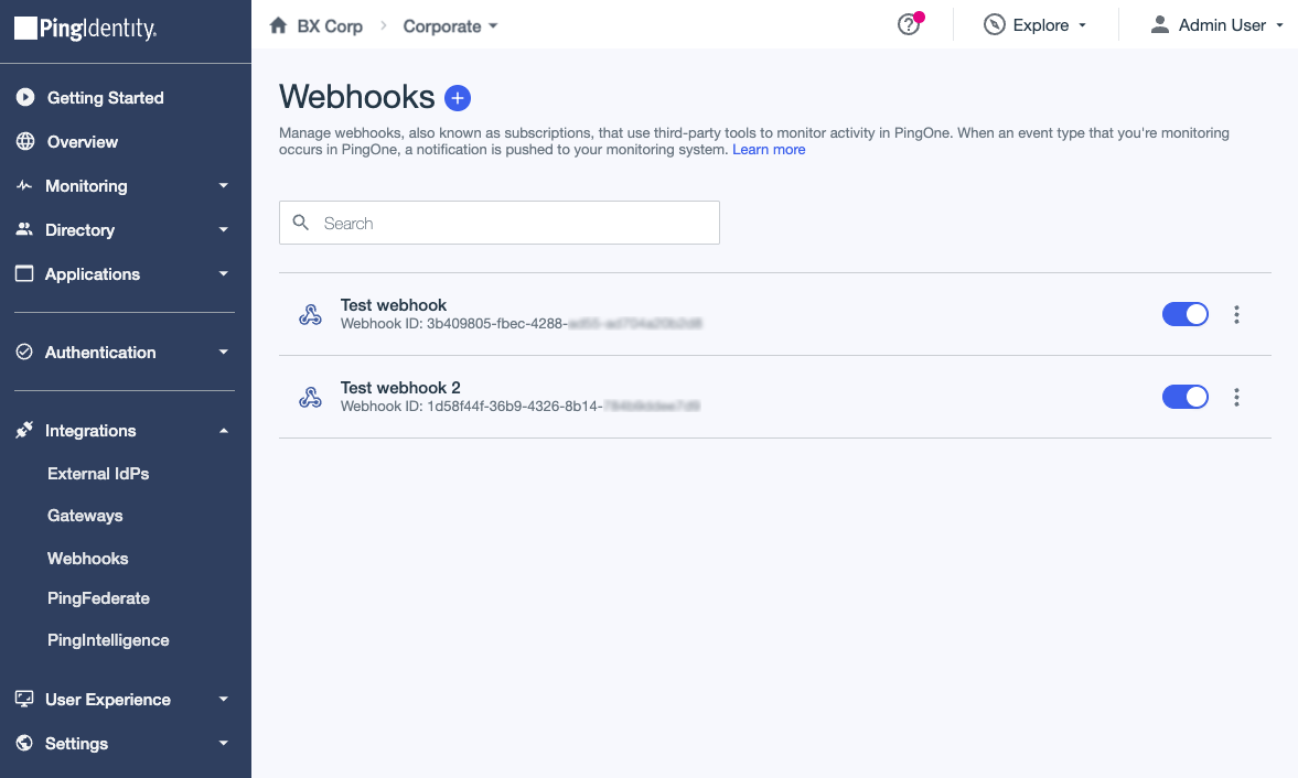 Screenshot of the Webhooks page