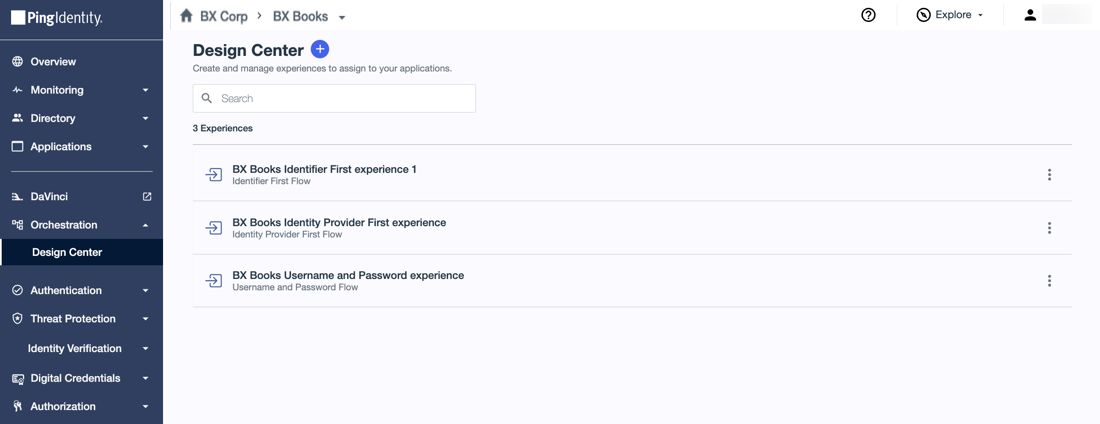 A screenshot of the list of experiences in the Design Center.
