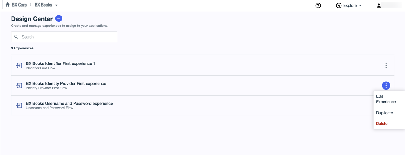 A screenshot of the list of experiences in the Design Center with the More Options menu open.