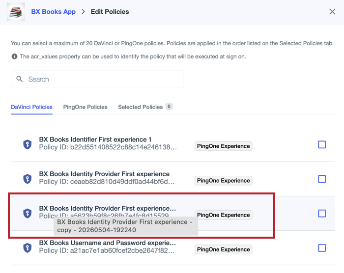 A screenshot of the Policies tab for an application showing a duplicated experience as a DaVinci policy.