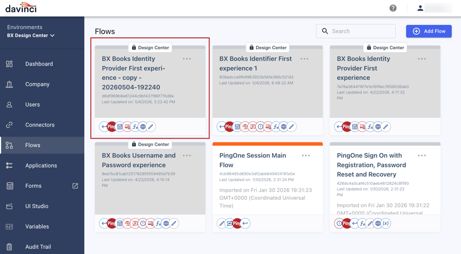 A screenshot of the DaVinci console showing a duplicated experience as a new read-only DaVinci flow.
