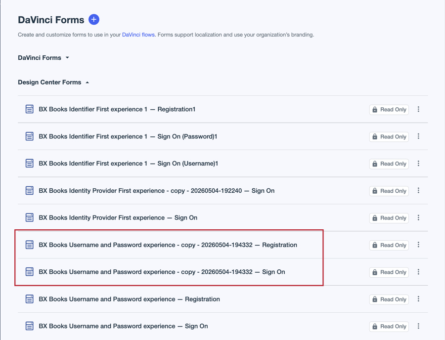 A screenshot of the Design Center Forms page showing the unique read-only sign-on and registration forms for the duplicated experience.