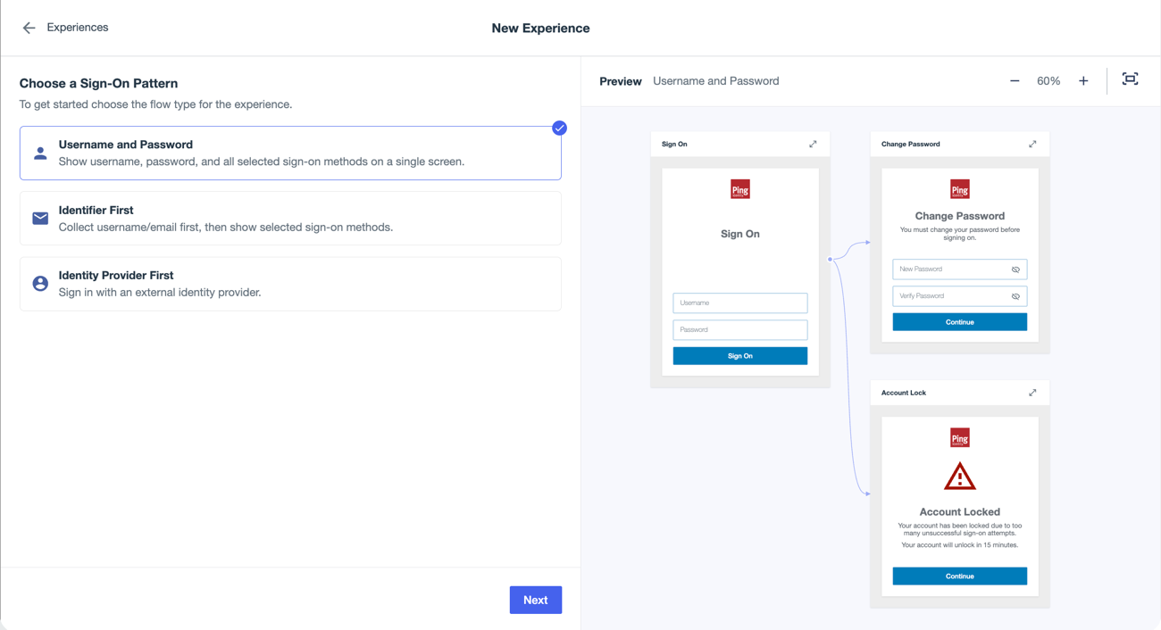 A screenshot of the Choose a sign-on pattern page with Username and Password selected. The right panel shows a preview of the experience you’re building.