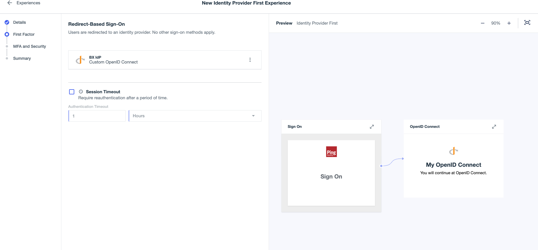 A screenshot of the First Factor tab for an Identity Provider First experience. An Identity Provider is being added in the Redirect-Based Sign-In section.