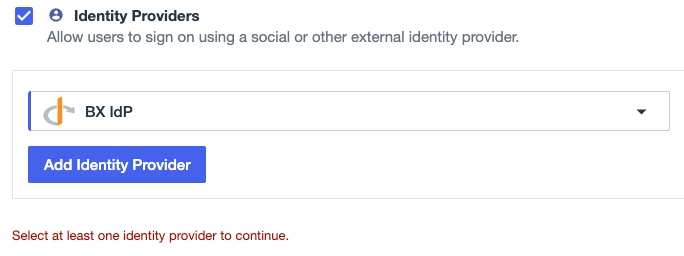 A screenshot of the Identity Providers options in Design Center. The BX IdP is added to the list.