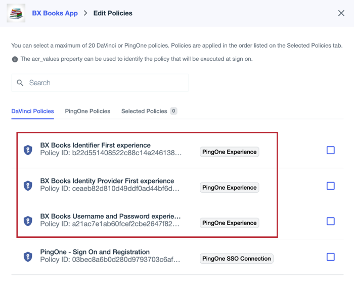 A screenshot of the DaVinci Policies tab for an application showing several experiences which are outlined with a red box.