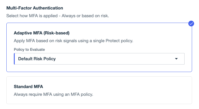A screenshot of the Multi-factor Authentication section. The Adaptive MFA (Risk-based) option is selected.