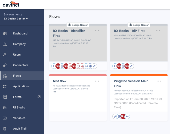 A screenshot of the DaVinci admin console showing two read-only flows for experiences.