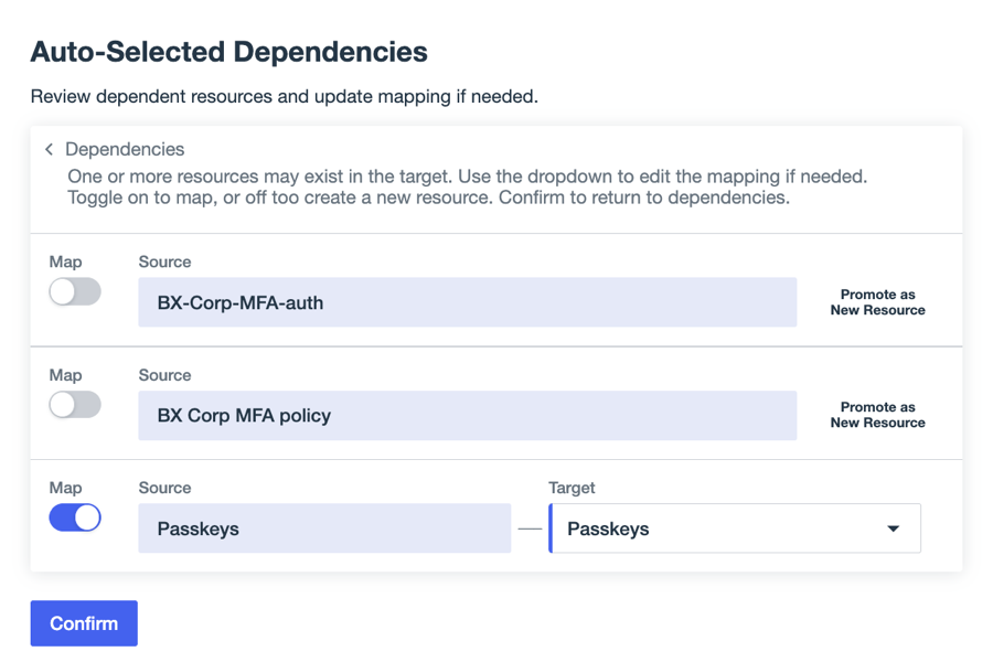 A screenshot of the Auto-Selected Dependencies page with mapping options.