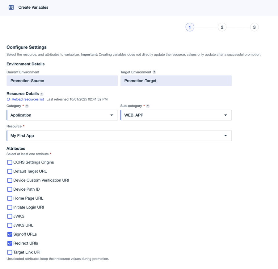 A screen capture of the Create Variables workflow showing Application in the Category field