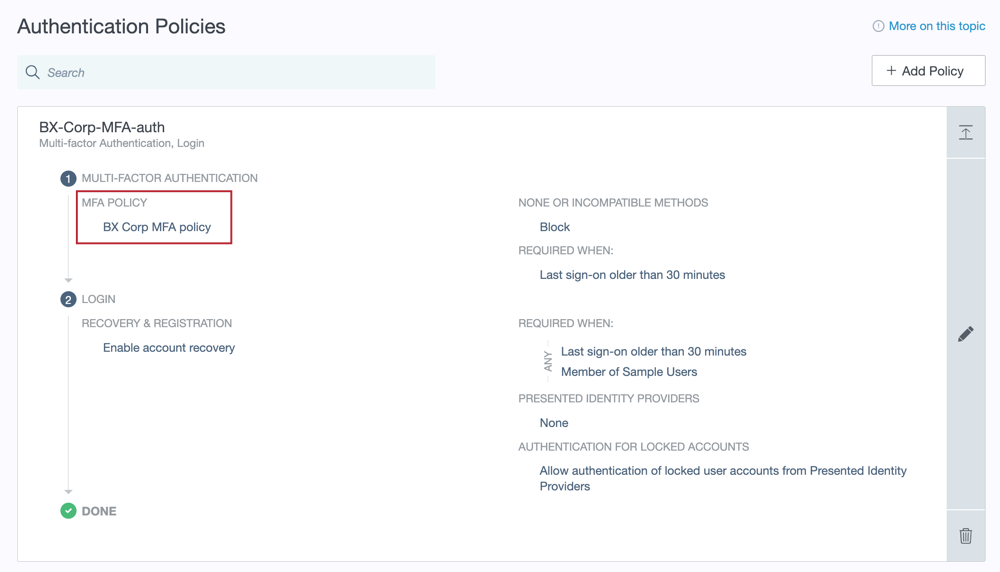 A screenshot of the BX-Corp-MFA-auth policy configuration, showing the BX Corp MFA policy.