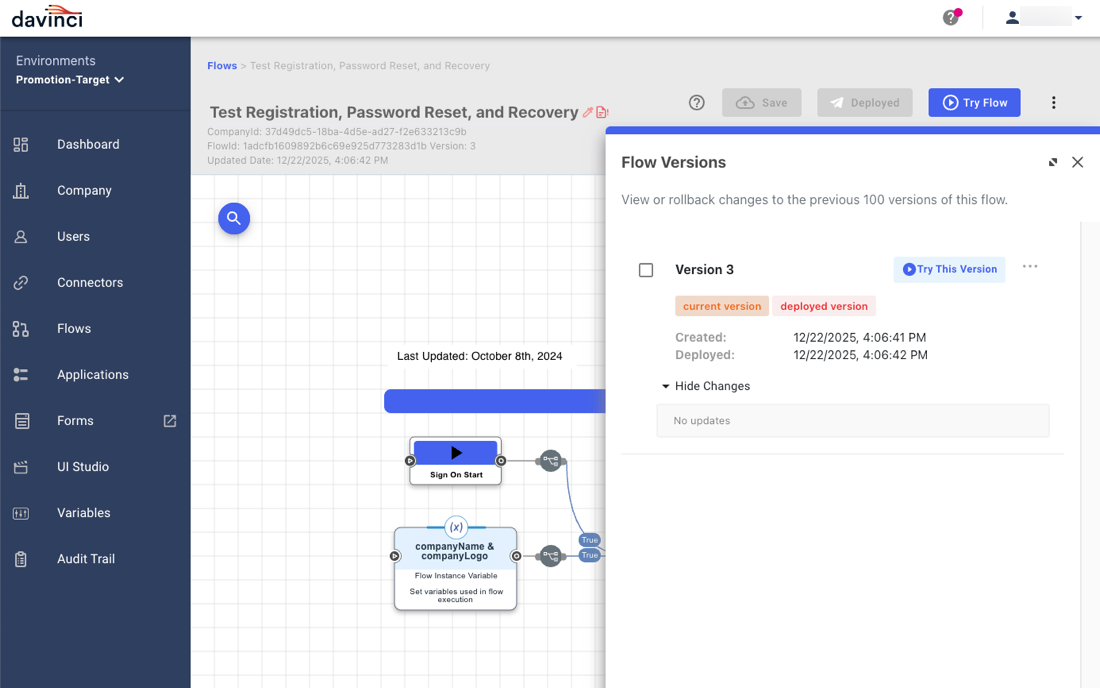 A screenshot of the Flow Versions panel showing that Version 3 of the Test Registration, Password Reset, and Recovery flow is the only version in the target environment.