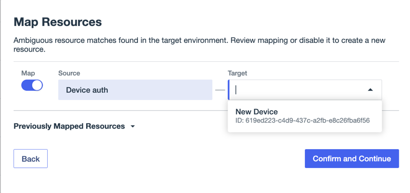 A screen capture of the Map Resources modal with a matching resource in the Target field.
