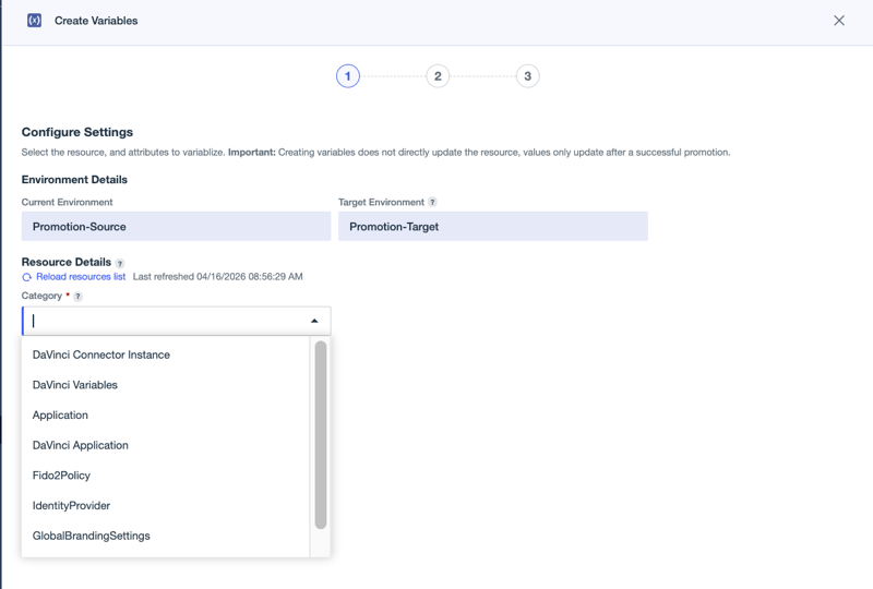 A screen capture of the first page of the Create Variables workflow with the Category list expanded.